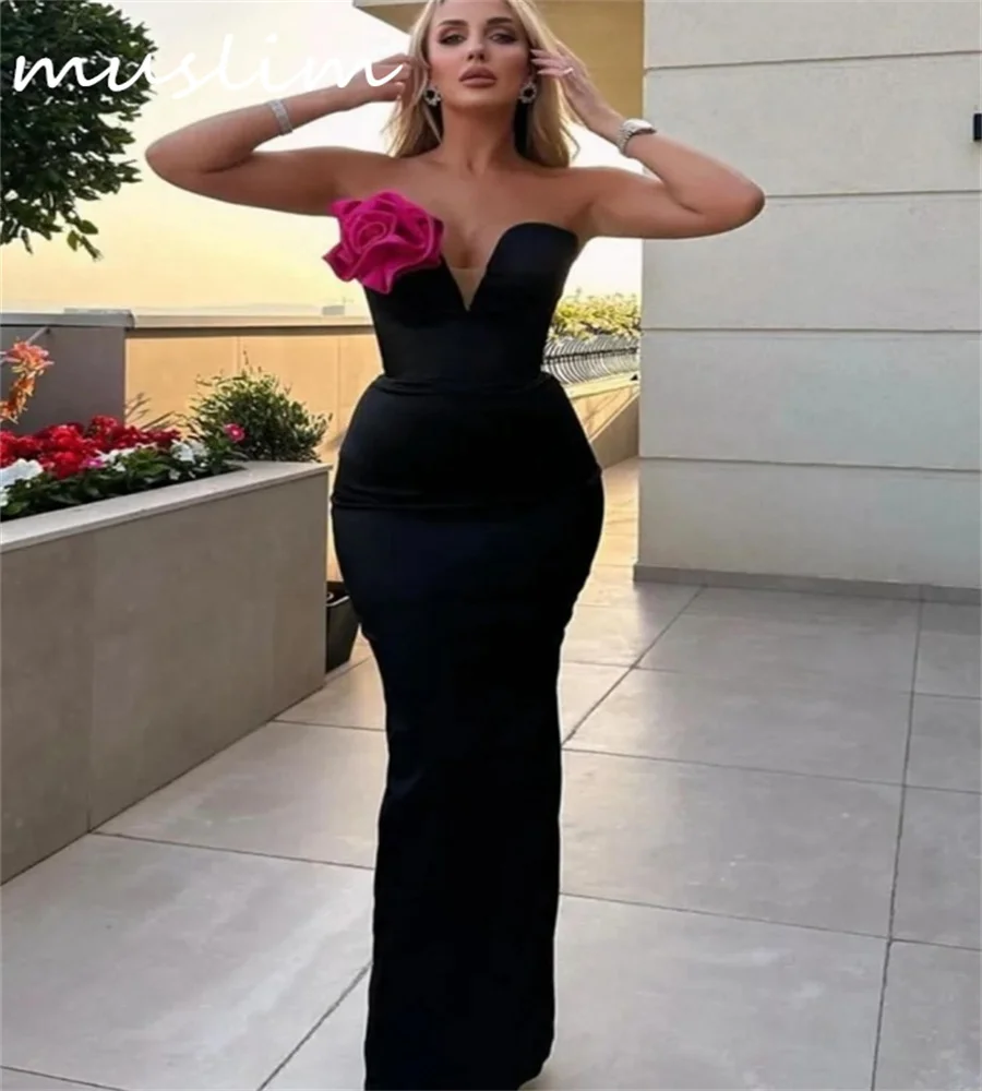 

Black Mermaid Prom Dresses With Handmade Flowers Elegant Floor Length Satin Evening Dress 2024 Simple Formal Ceremony Vestios