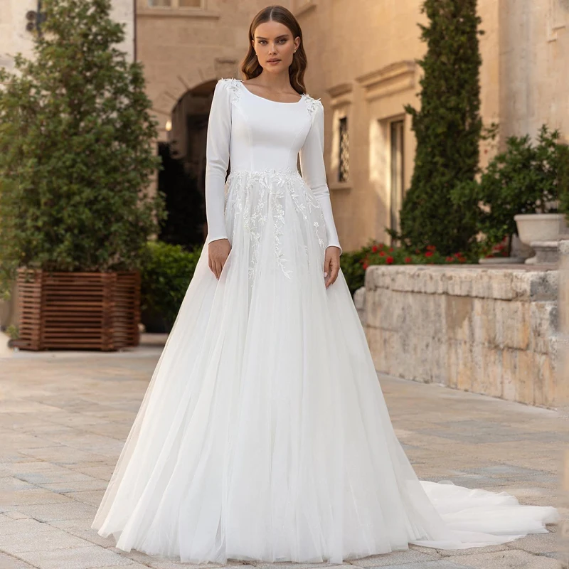 

UZN Elegant A-Line Wedding Dresses Long Sleeve Appliques Bridal Gowns Boho Beach Tulle Princess Wedding Prom Gowns Custom Size