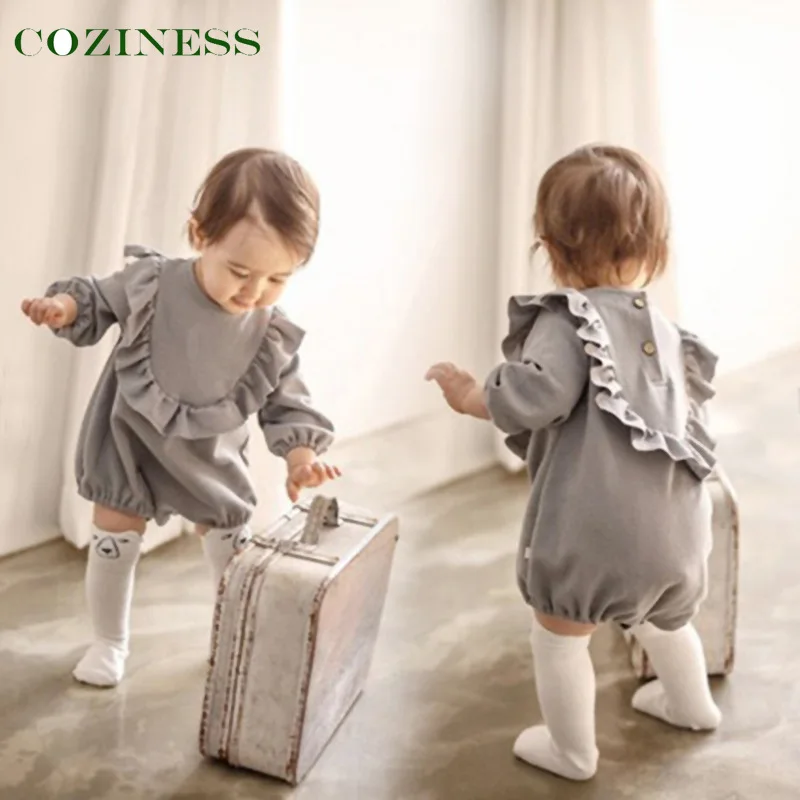 

Baby Romper Soft Cotton Solid Color Lace Long Sleeves Triangle Jumpsuit 100% Cotton Baby Girl Kids Home Casual Sleepwear