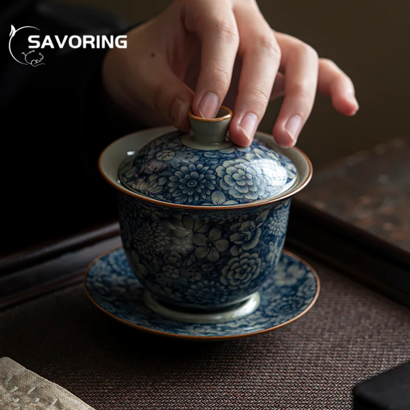 150ml Retro Blue and White Sancai Gaiwan Vintage Old Pottery Mud Tea Tureen Household Tea Brewing Cover Bowl Ceremony Craft
