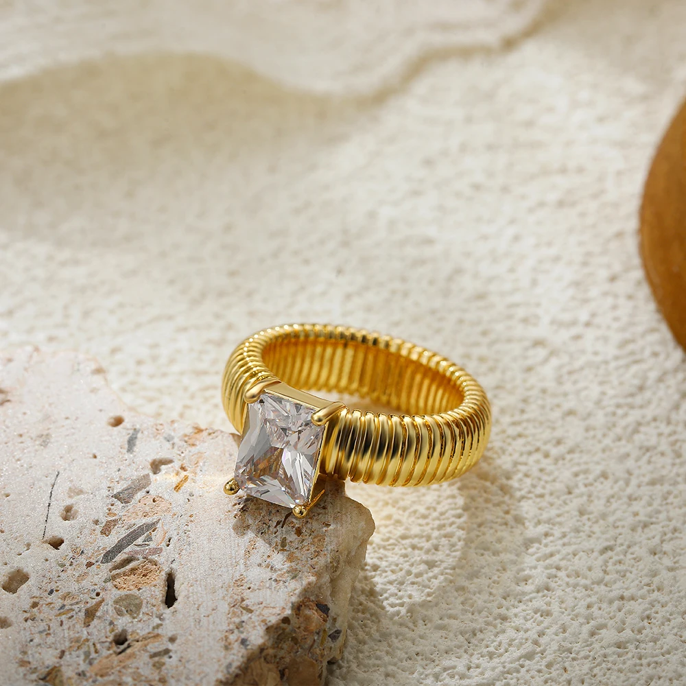 Punk Hiphop Thread Texture Chunky Zircon Wedding Ring Chunky Sparkle Multi-color Square Crystal Gold Color Finger Rings Jewelry