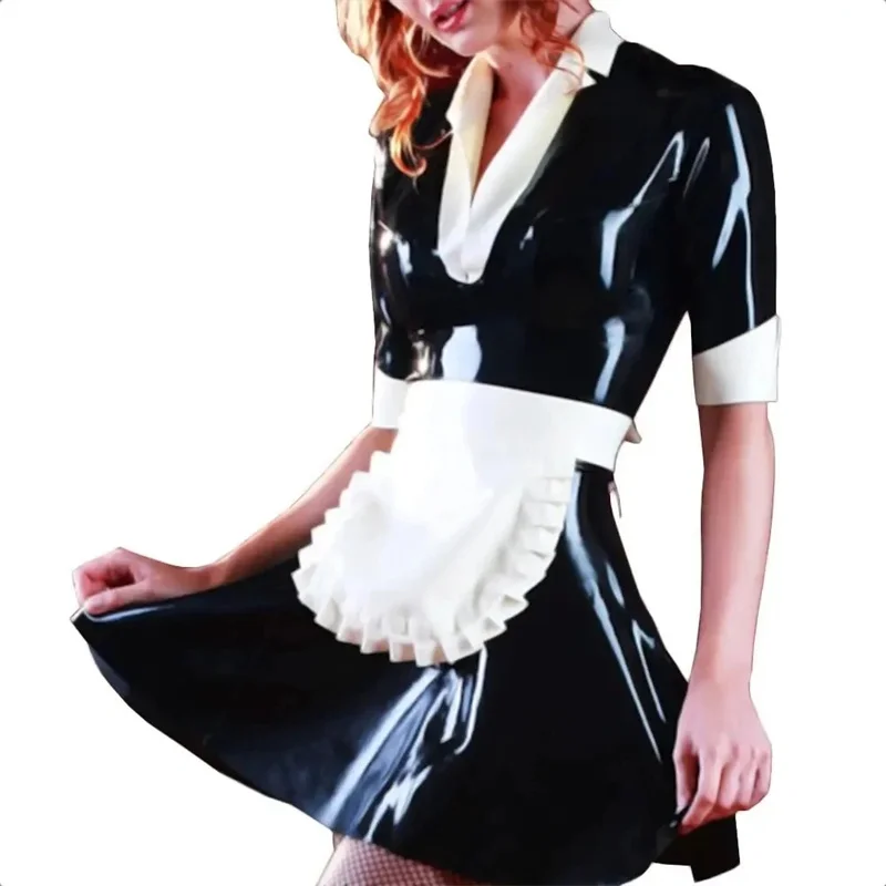 

Black Latex Maid Costume Dress with White Rubber Apron Party Wear Halloween Cosplay Costumes for Women