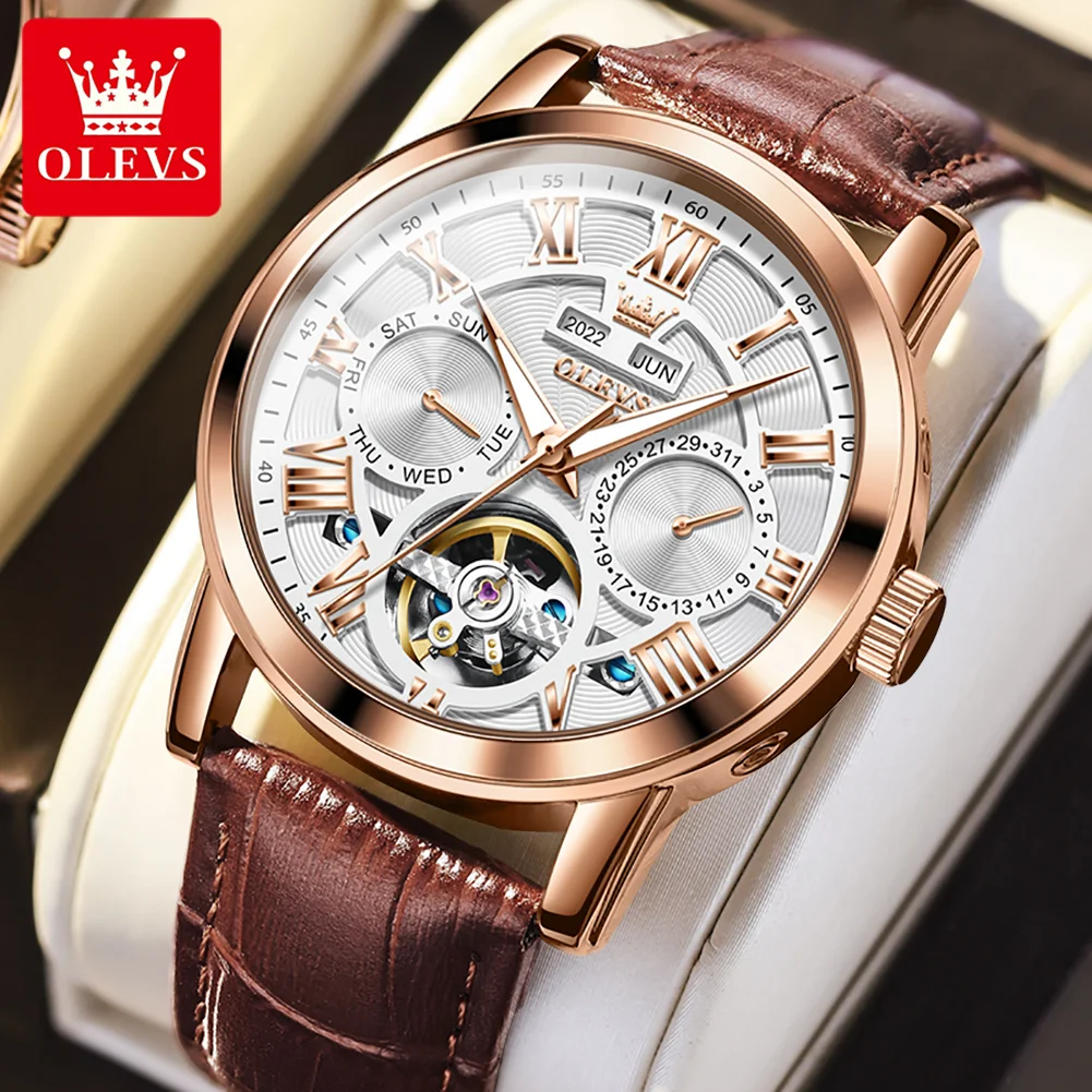 

OLEVS Automatic Watch for Men Casual Waterproof Leather Strap Men's Watches Luminous Multiple Calendars Male Watch Reloj Hombre