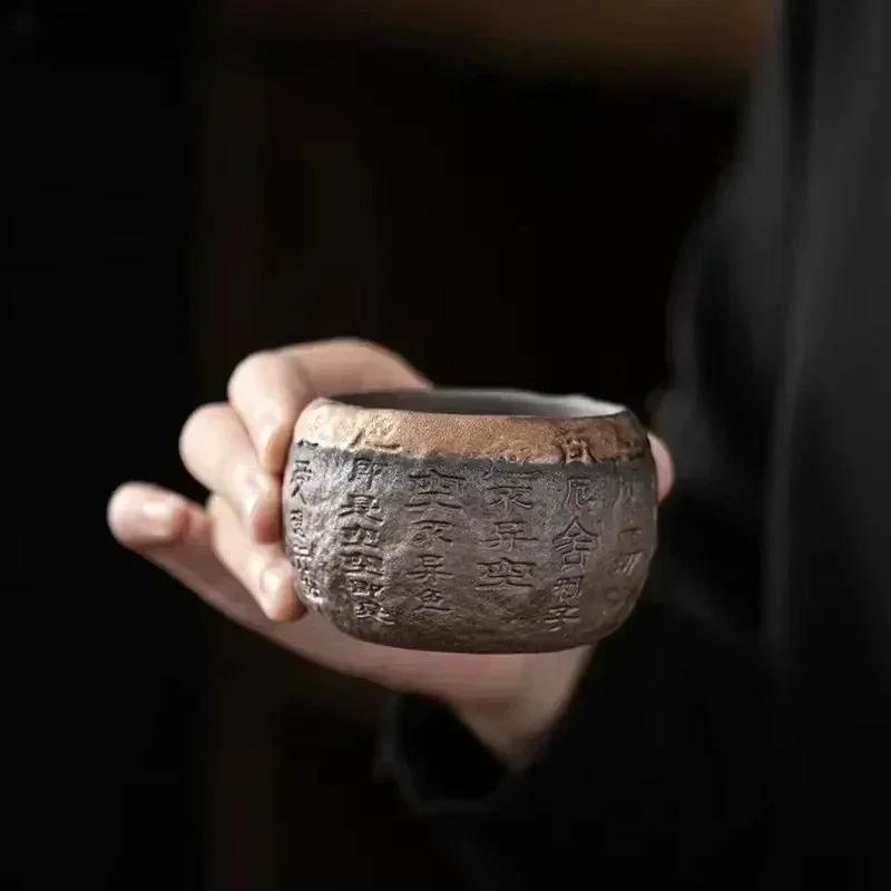 Rough Pottery Handmade Relief Heart Sutra Zen Cup Ceramic Master Individual Single Cup Chinese Portable Tea 1pcs