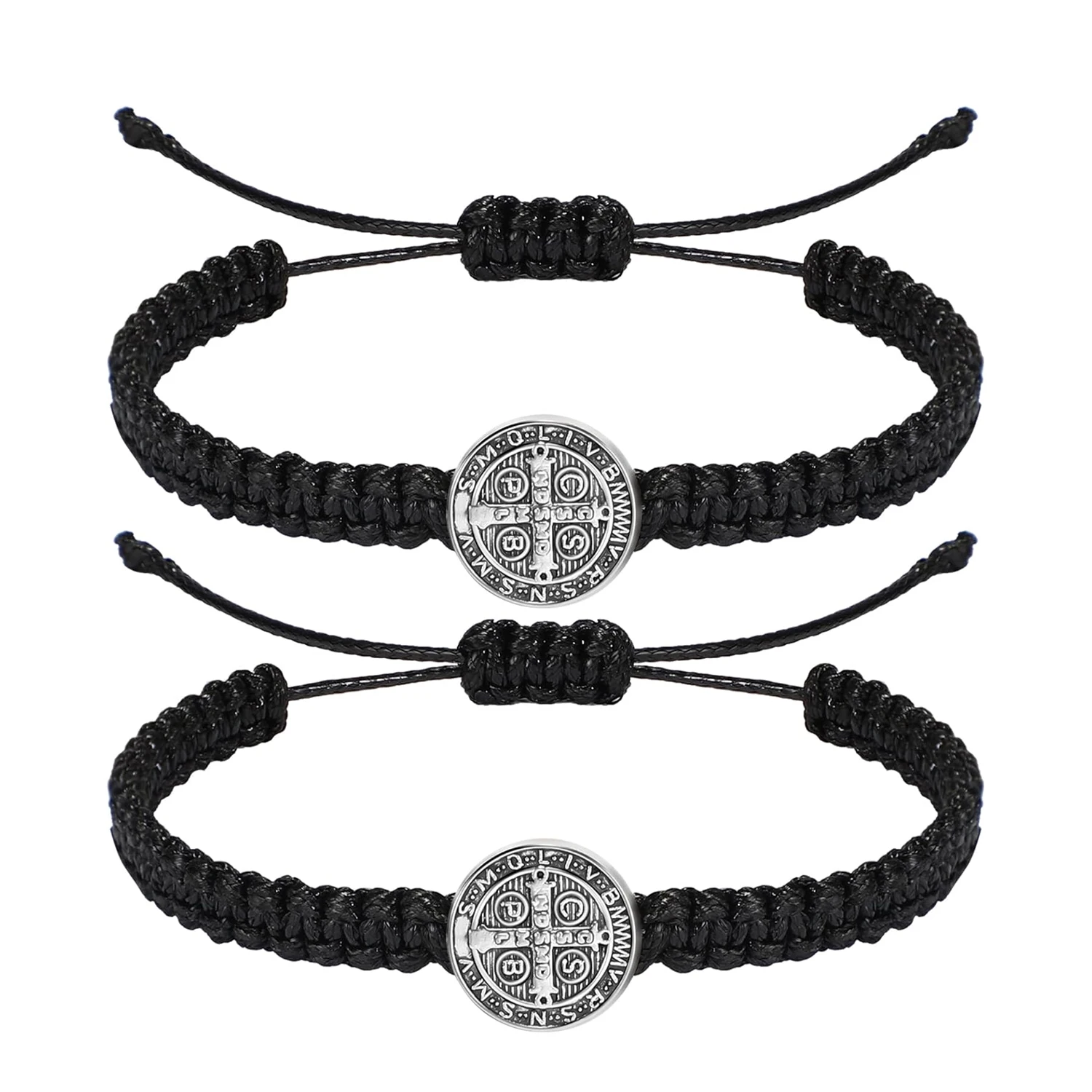 2-teiliges katholisches Medaillenarmband mit Heiligen Benedikt, verstellbare schwarze und rote Schnurarmbänder, religiöser Schmuck, Geschenke für Männer und Frauen