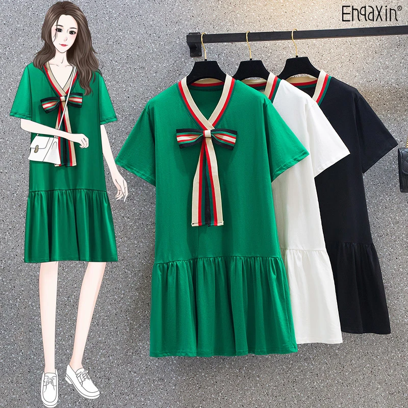 

EHQAXIN Summer New Women's Dress Fashion Knitted V-Neck Bow Casual All-Match Short-Sleeved Ruffled Pleated Dress Female M-4XL