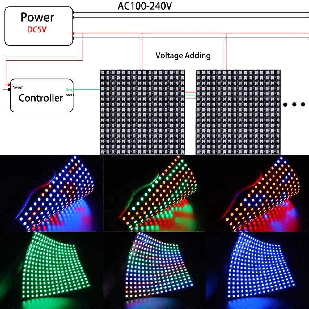 1~3PCS WS2812B RGB LED Flexible 8x8 16x16 8x32 Pixel Panel Strip Matrix Screen W