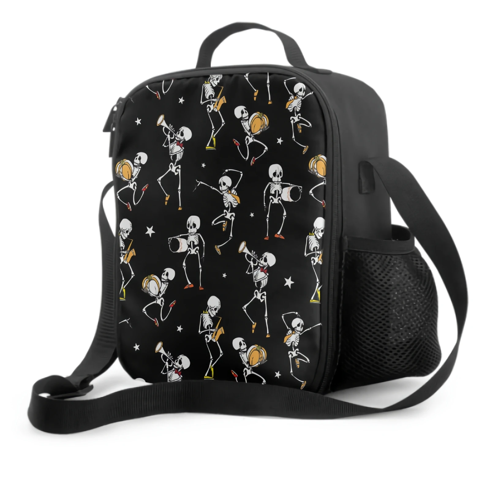 

Halloween Pumkin Lunch Box Skeletons Play Music Lunch Bag with Water Bottle Holder Cooler Bag Insulated Tote for Kids Adults