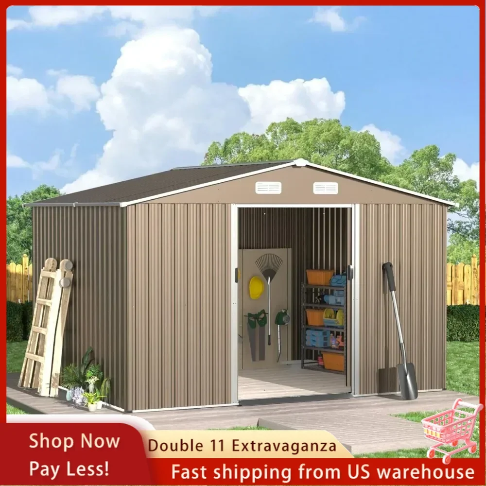 10'x8' Outdoor Storage Shed Outdoor Galvanized Metal Tool Shed with Vents & Sliding Door, Waterproof Garden Shed for Pati