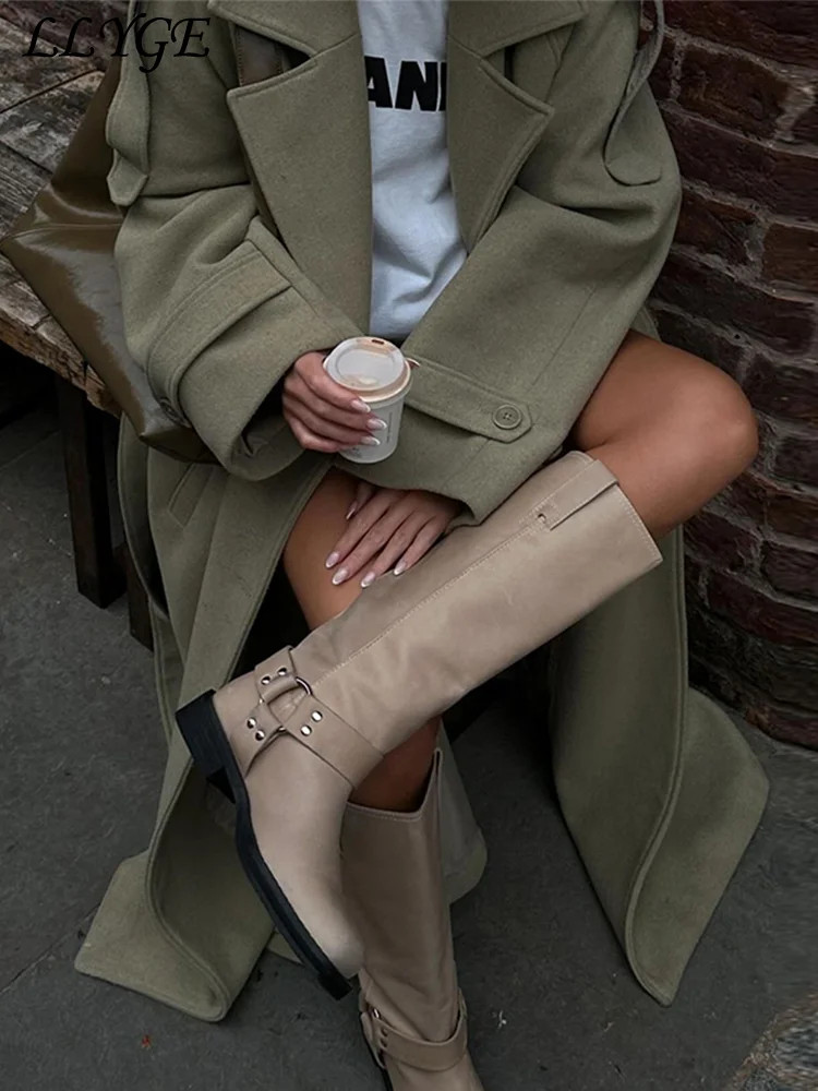 Elegant Women's Woolen Overcoat With Belt Street Lapel Double Breasted Full Sleeve Long Coat 2024 Autumn Lady Loose Outwear New 5