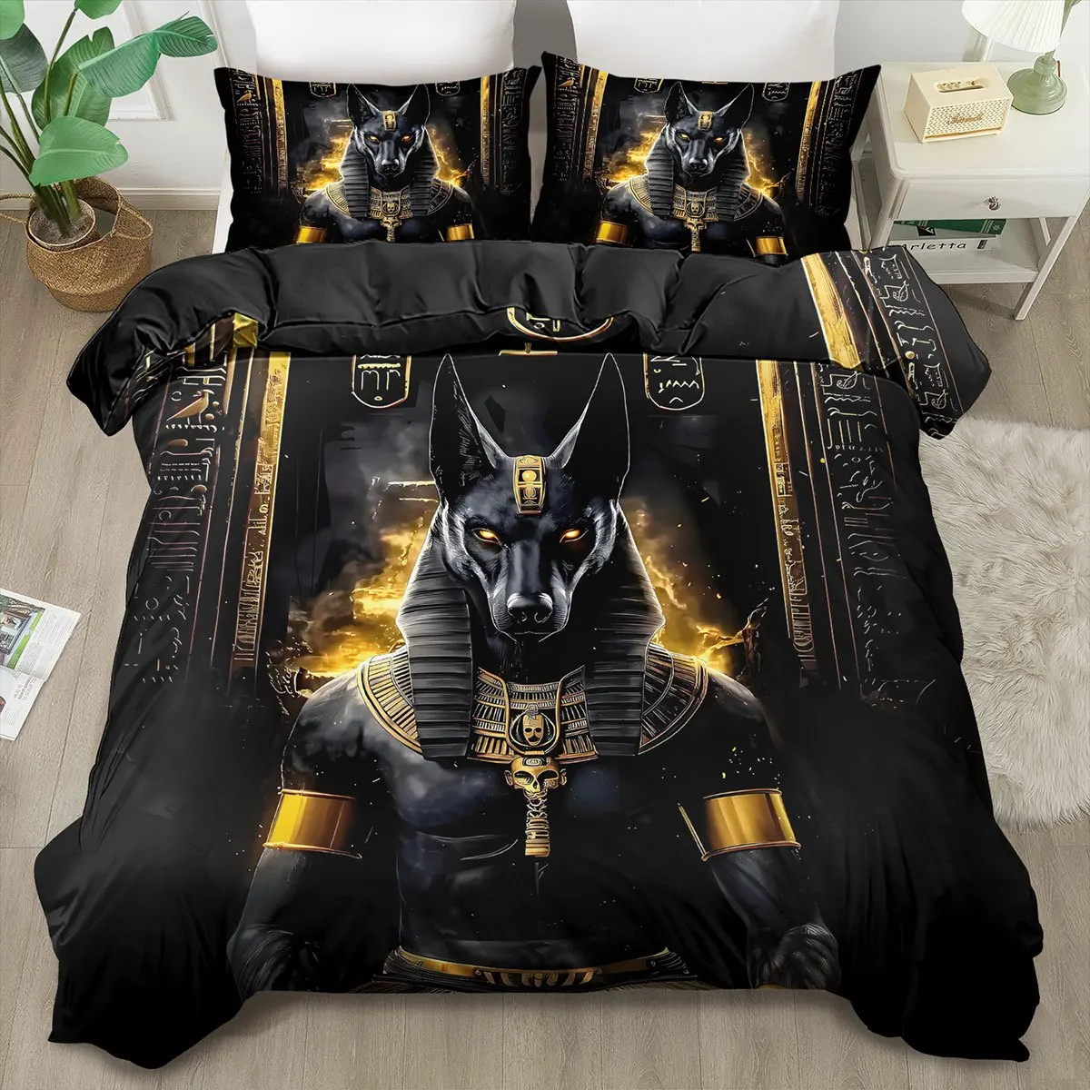 2/3Pcs Egyptian Anubis God Print Duvet Cover Set, 2D Flat Printing King Queen Size Polyester Bedding with Pillowcases
