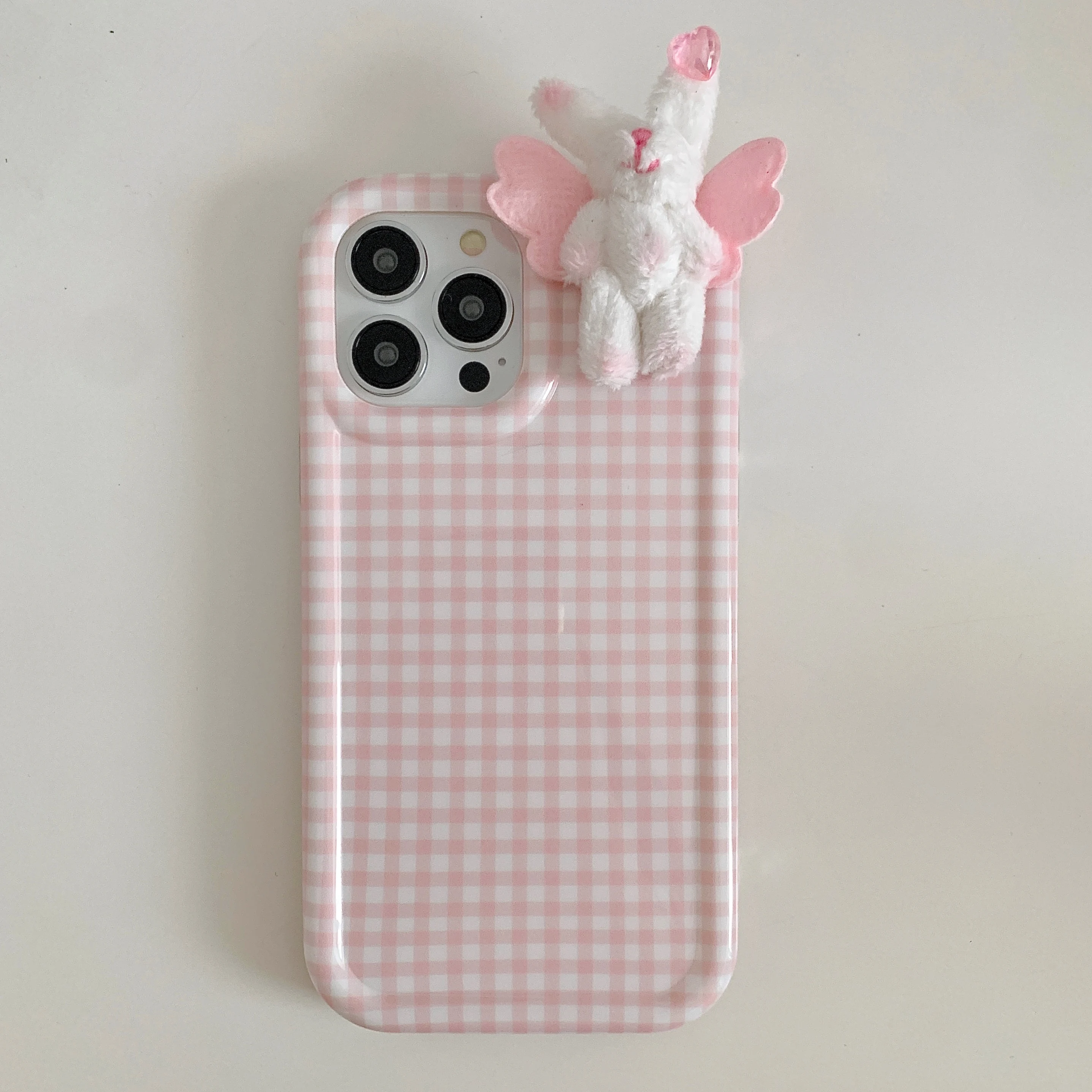 Korean INS Cute Cartoon Furry Wing Bear Check Case for iPhone 15 14 13 Pro Max 12 Pro Plus 11 Shockproof Soft Silicone IMD Cover