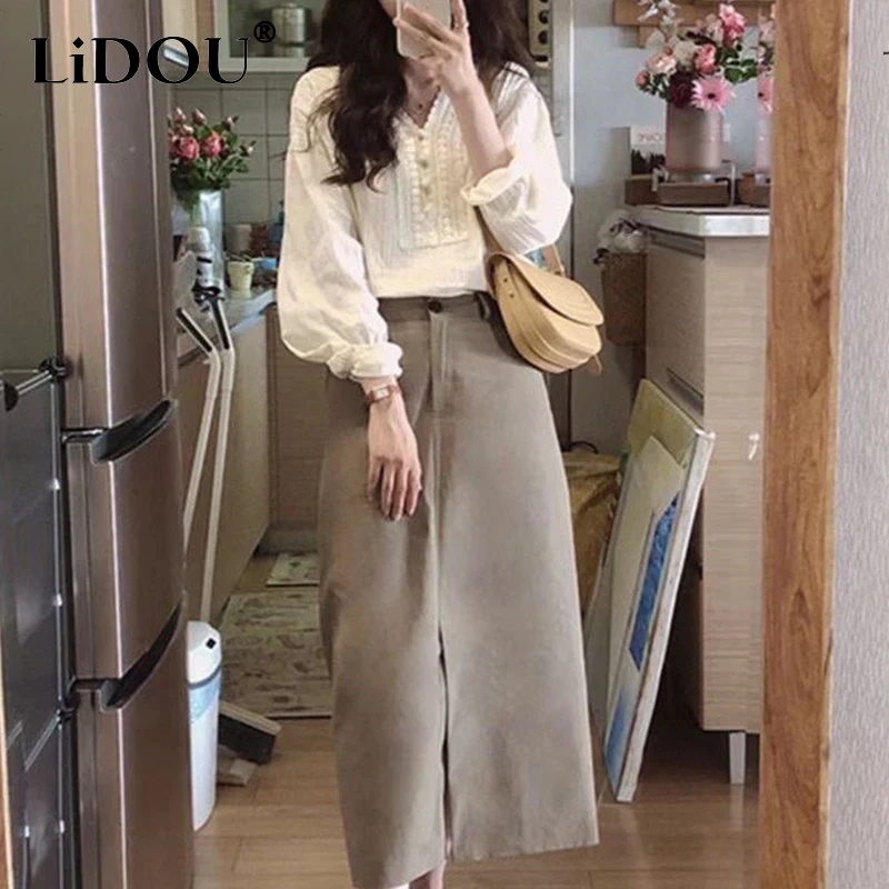 Spring Autumn Women's Elegant Fashion Lace Patchwork White Shirt Bodycon Skirts Set Female Long Sleeve Blouse Slit Skirt Suit