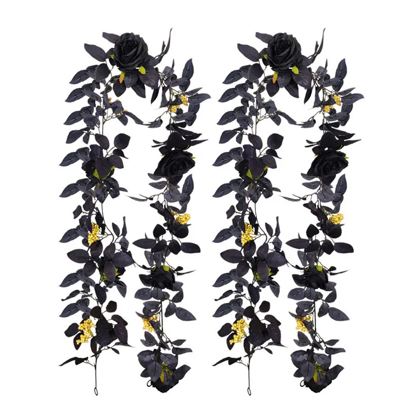5pcs of 1.8M Silk Artificial Rose Hanging Leaf and Fabric flowers garland Halloween Harvest Festival Black romantic Decoration