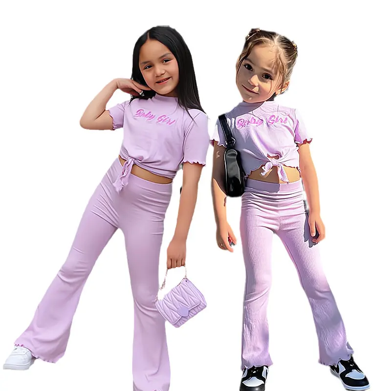 

Kids Girls Fashion Pink Clothes Sets Short Sleee Crop Tops Tshirt+Flared Trousers Casual Children Little Girl Summer Clothing