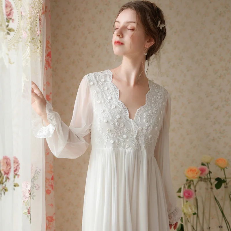 Victorian Mesh Night Dress Women Fairy White Long Sleeve Embroider Lace V  Neck Sexy Nighty Peignoir Nightgown Princess Sleepwear