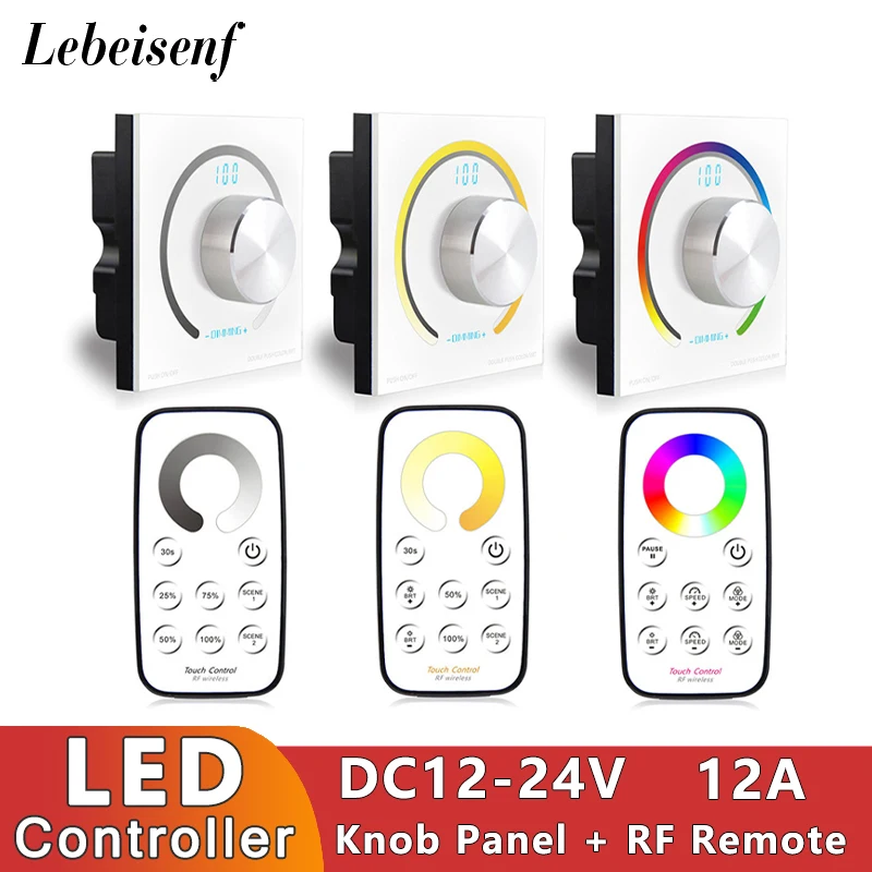 

New 86 Sty Knob Panel DC12V 24V Controller Light Dimmer Single Color/CCT/RGB LED Strip Tempered Glass Wall Switch With RF Remote