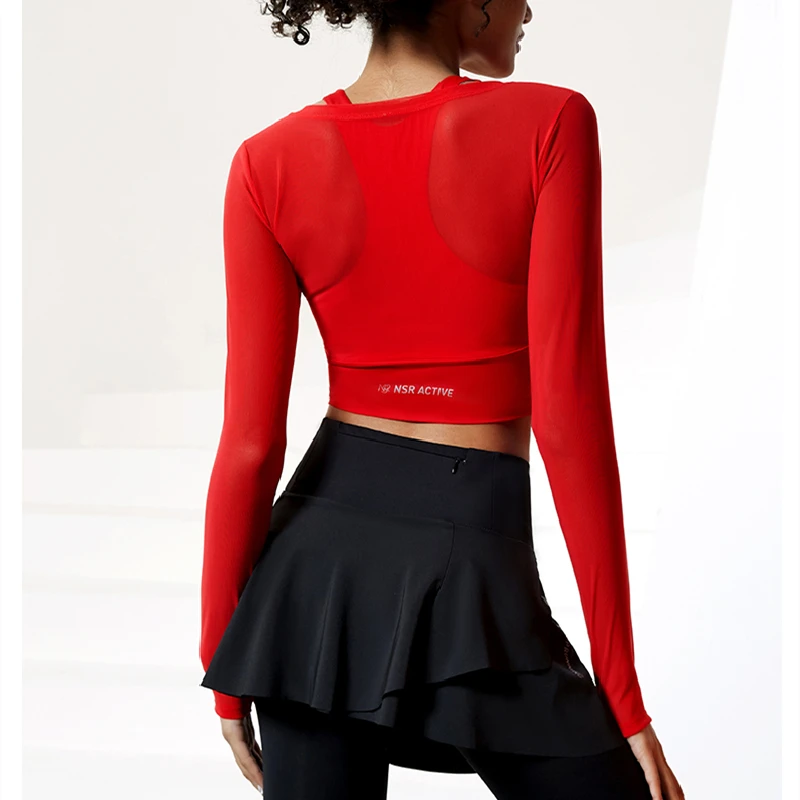 Women 2 in 1 Long Sleeve Cross Back Yoga Shirt Workout Gym Sport Tops Translucent Mesh Breathable Running Wear With Chest Pad