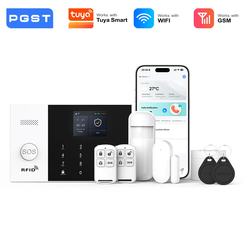 PGST pack alarme sécurité anti intrusion WiFi 2G GSM Works with Tuya Smart Life dispositif sans fil intelligent pour habitation magasin bureau capteurs de mouvement configuration simple utilisation quotidienne 1