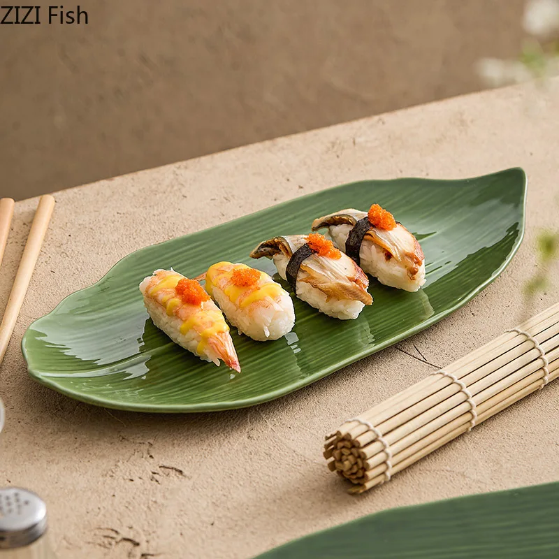 Green Leaf Ceramic Plate Japanese Restaurant Molecular Cuisine Sushi Plate Creative Dim Sum Dessert Kitchen Tableware