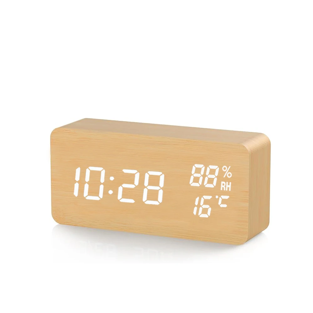 Wooden digital alarm clock with temperature humidity LED for office bedroom bedside decor gift