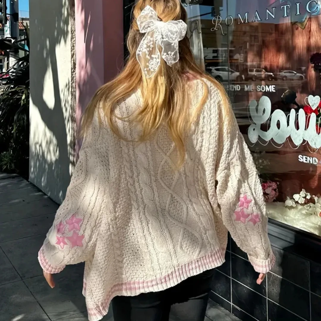 Lover Pink Cardigan Women Heart Knitted Cardigans with Star Embroidery Winter Vintage Oversized Sweater Y2k Couples Tops 2