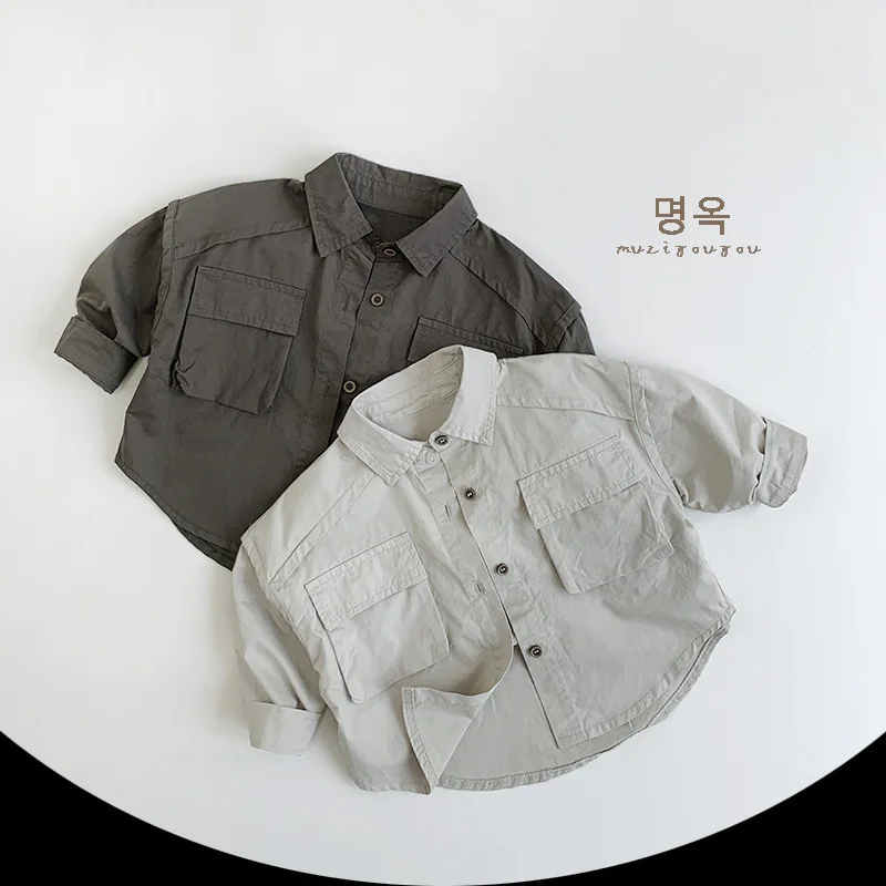 Frühling Herbst Kinder Shirts 1-8Y Jungen Baumwolle Cargo Tasche Splice Langarm Tops Koreanische Kleinkind Tragen Für Kinder Kleidung Neue – Detail 8