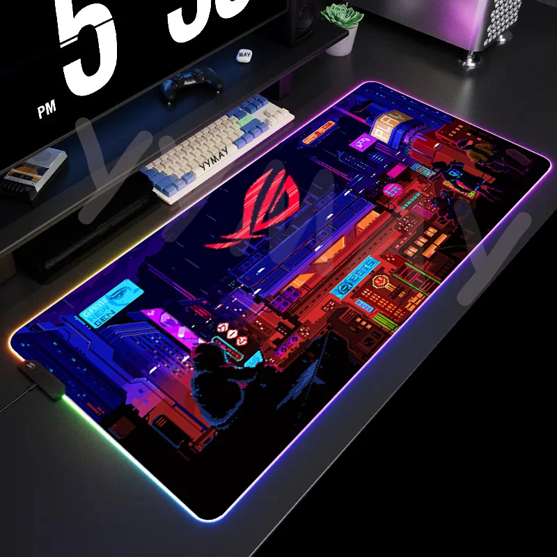 Alfombrilla de ratón para juegos con retroiluminación de ciudad de neón, alfombra de escritorio RGB, alfombrillas para jugador, alfombrilla de ratón LED, alfombrillas de goma antideslizantes para tecl