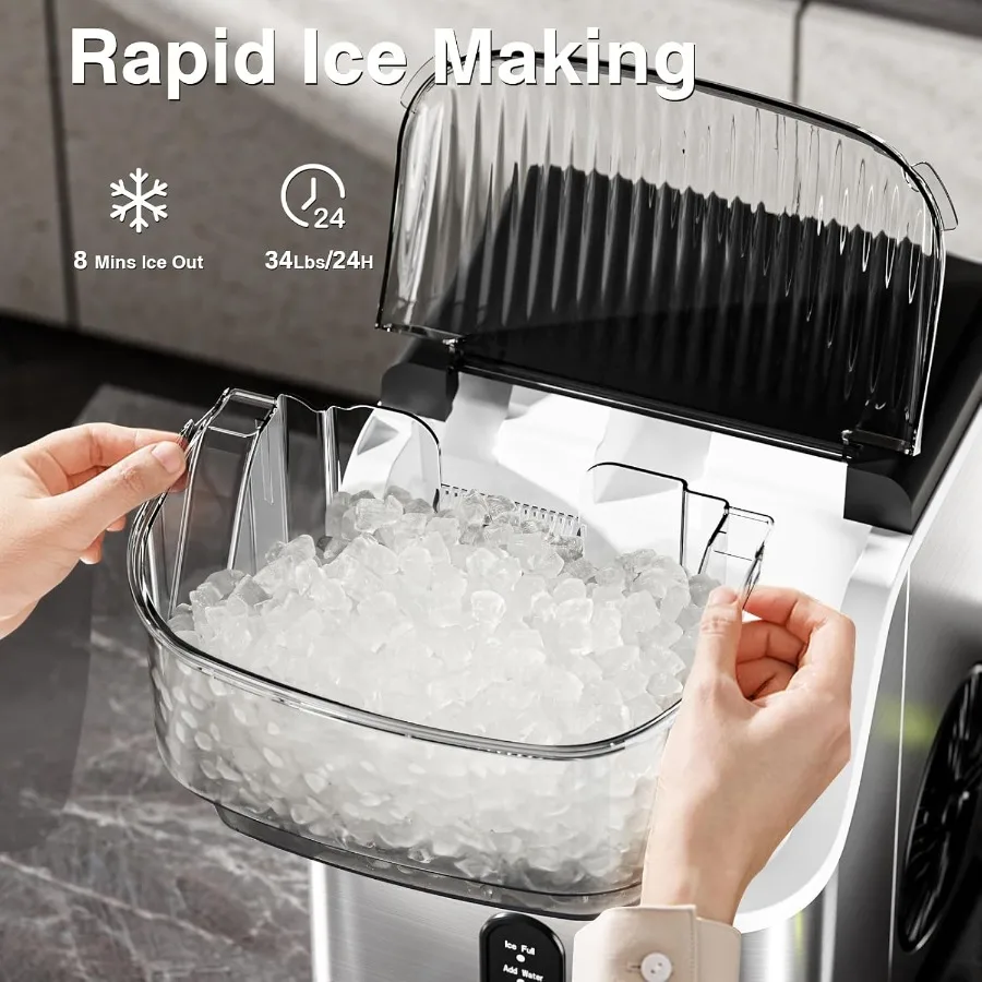 Nugget Countertop Ice Maker with Soft Chewable Pellet Ice Automatic Cleaning 34Lbs/24H Pebble Machine with Scoop Sonice