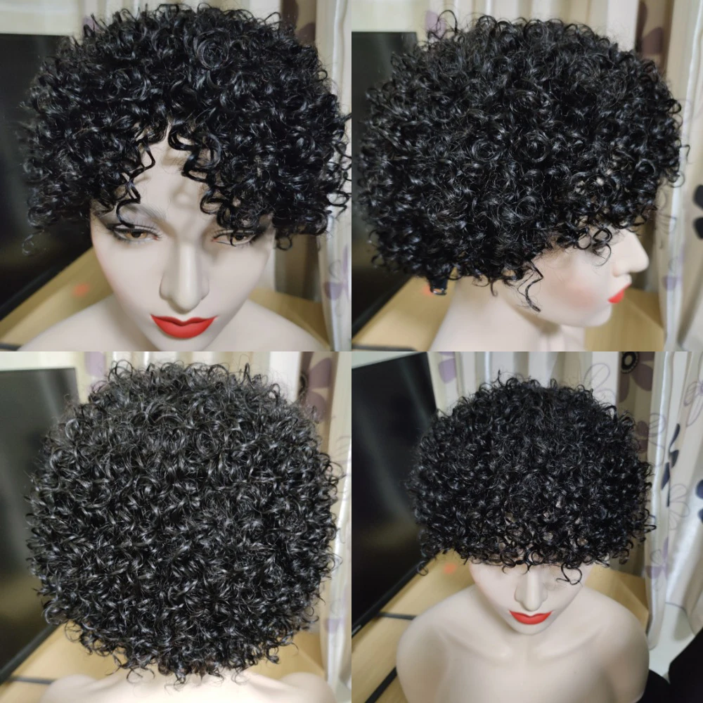 Human Hair Afro Kinky Curly Short Wigs For Women Full Machine Made Natural Black Glueless Wear And Go Brazilian Remy Hair