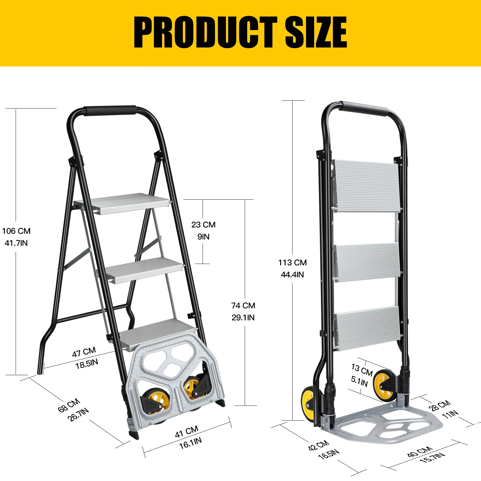 POWSTR Folding Sack Truck & 3/2 Step Ladder 2 in 1 Aluminum Sack Trolley with Foldable Wheels for Moving Luggages