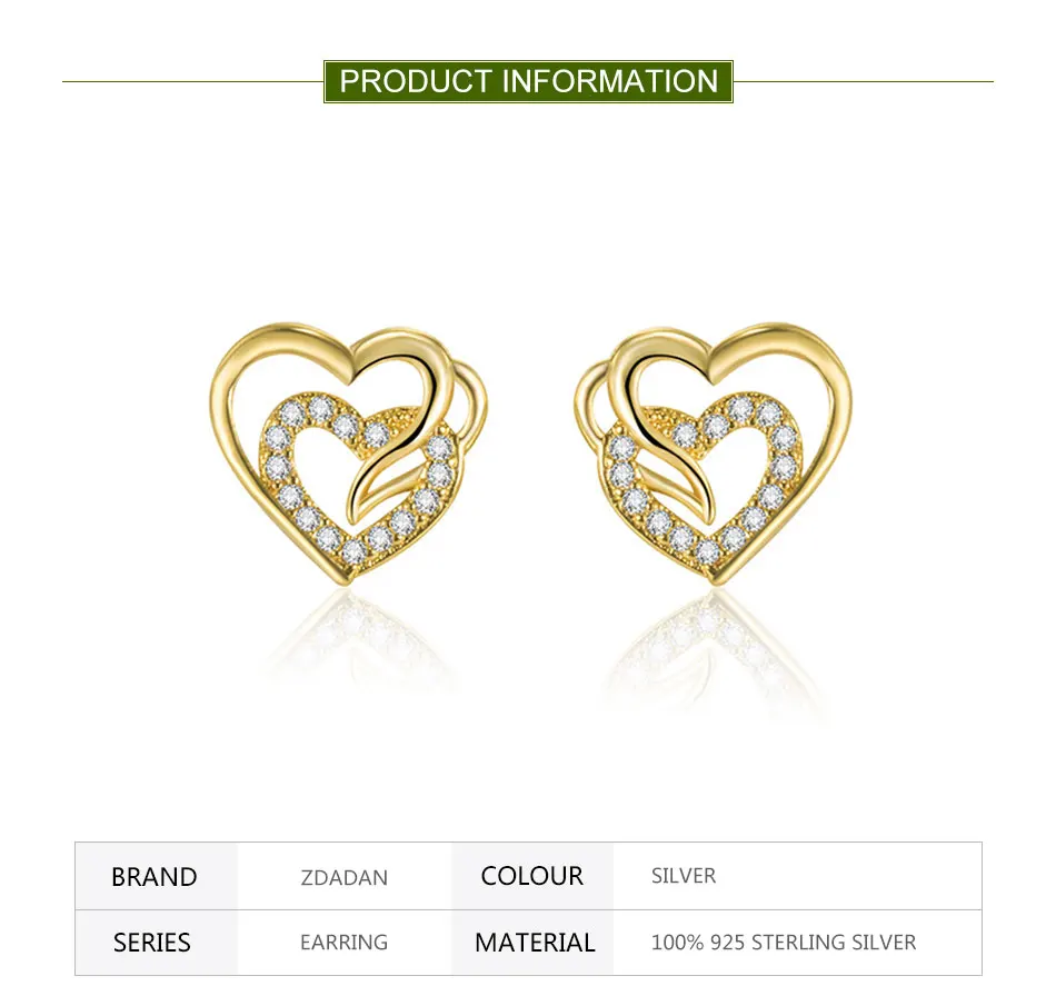 ZDADAN 925 Sterling Silber 18 Karat Gold Charm Doppel Zirkon Herz Ohrstecker Für Frauen Mode Hochzeit Schmuck – Detail 1