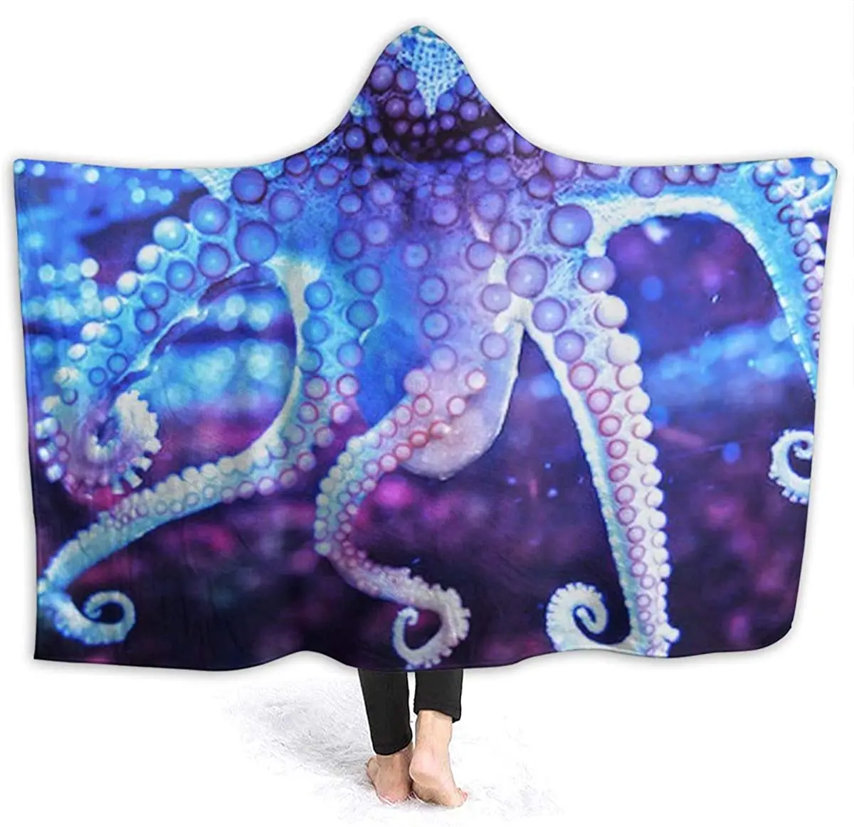 

Octopus Tentacles Blue and Purple Swirl Sea Animal Wearable Blanket Hooded Blanket Mens Womens Fall Sherpa Fleece Blankets