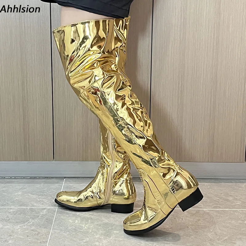 

Ronticool Wide Calf Customize Women Winter Over Knee Boots Side Zipper Flat With Heels Round Toe Gold Club Shoes US Size 5-20