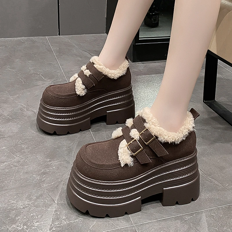 Aphixta Women 10cm Platform Winter Boots Camel Hook Loop Furry Warm Women Shoes Thick Botton Sole Boot Cow Suede Casual Footwear