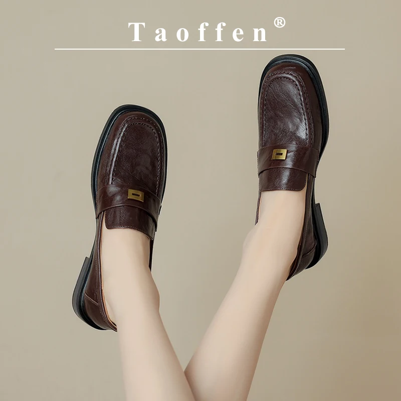 

Taoffen/Повседневные Лоферы для женщин; Высококачественная обувь без шнуровки; Женские офисные туфли-лодочки из мягкой натуральной кожи с металлическим украшением на массивном каблуке