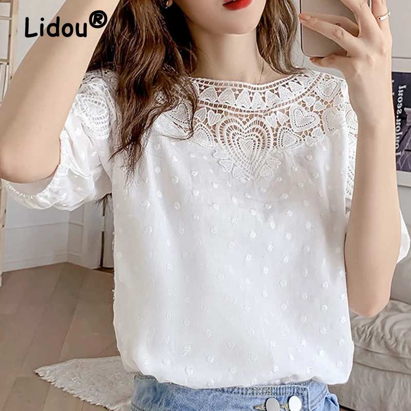 Women Hollow Lace Embroidery Elegant Chic Blouses 2023 Summer Trendy Solid Round Neck Short Sleeve Tops Sweet Casual Shirts Ropa