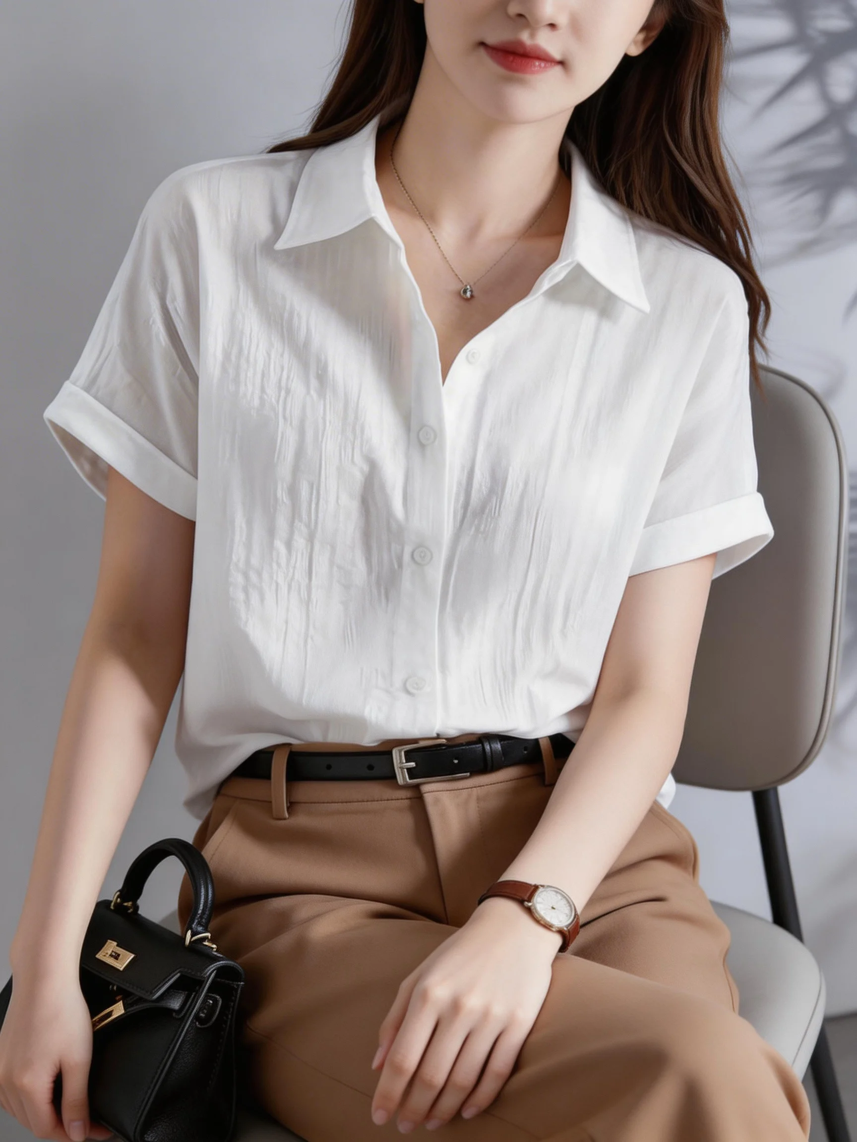 รูปสินค้า เสื้อเชิ้ตสีขาวผู้หญิง แขนสั้น คอวี ระบายอากาศดี