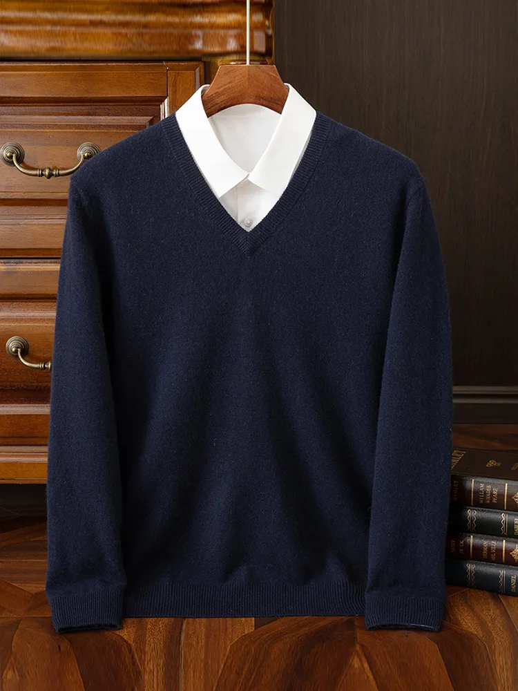 Moda uomo 100% maglione pullover in cashmere con scollo a V manica lunga pullover spesso autunno inverno abbigliamento casual in maglia di cashmere intelligente 5