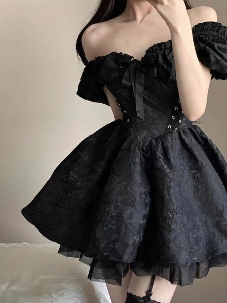 

2023 Summer Black Gothic Mini Dress Women Short Sleeve Even Party Dress Female Casual Bodycon Lace Beach Sundress Female Chic