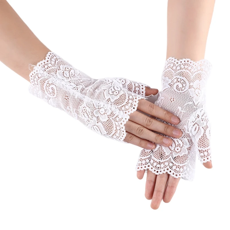

Women Bride Short Gloves Nightclub Hollow See Through Fishnet Gloves Pole Dance Fingerless Gloves Floral Mesh Mitten