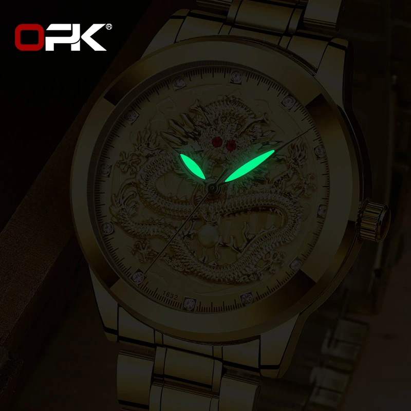 OPK Brand Men's Watches Luxury Gold Waterproof Fashion Luminous Trend Stainless Steel Strap Dragon Quartz Wristwatch Original
