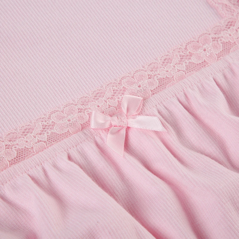 Japanese Kawaii Pink Sweet Bow Long Sleeve Tee Front Ruched Bust Lace Trim Square Collar Slim Balletcore Women T Shirt