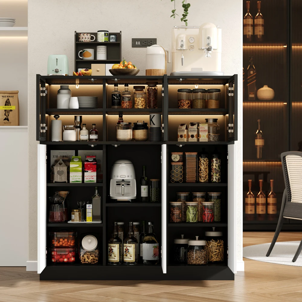PINGGO Sideboard Aufbewahrungsschrank Küchenbuffet mit Beleuchtung 6 Türen (3 Glas+3 Weiß) für Wohnzimmer Esszimmer 100x40x105cm – Detail 10