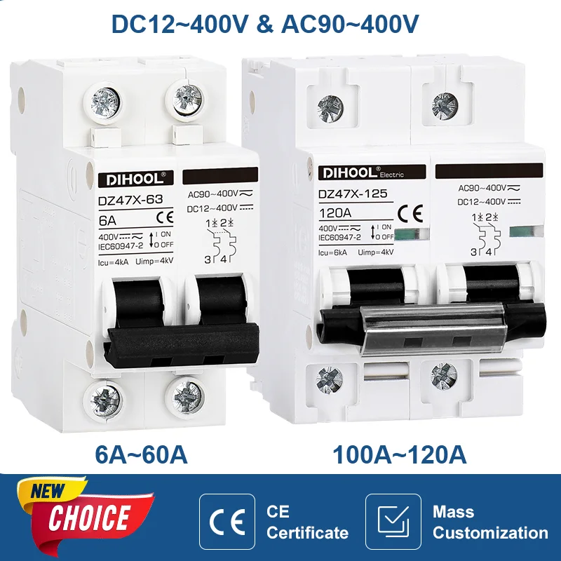 DIHOOL DC AC Circuit Breaker 400V 100A 125A MCB 400V 15A 30A 40A 60A DZ47X Thermal Magnetic Breaker For Solar Panel Battery
