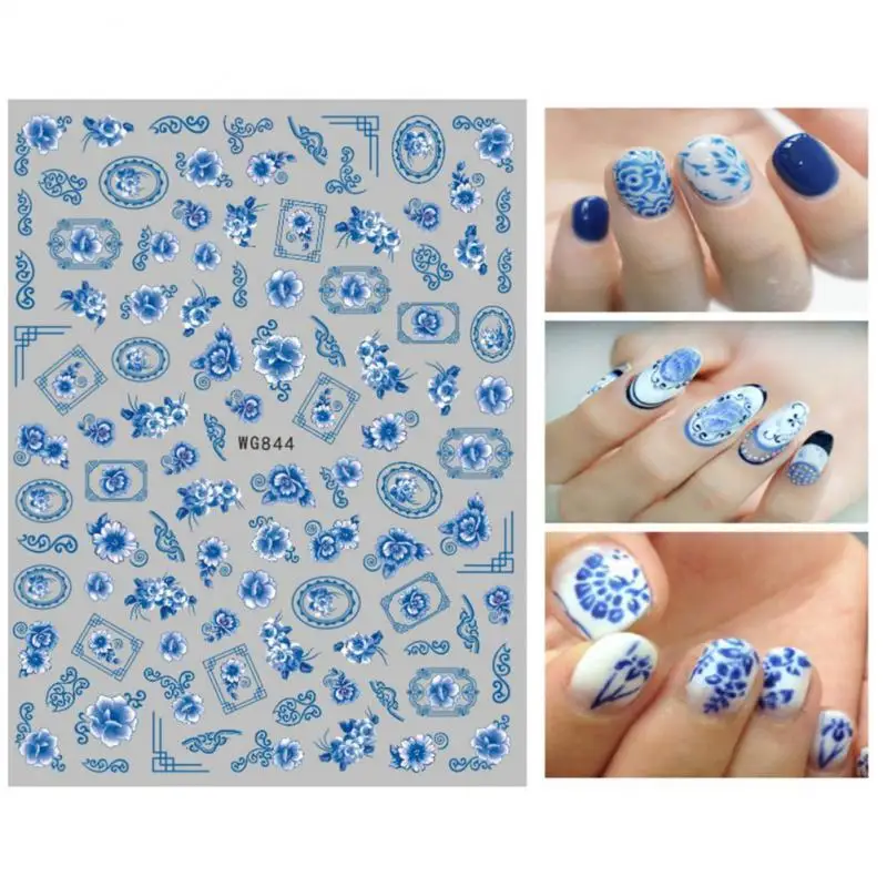 

Blue and white porcelain nail enhancement sticker chinese Retro style women nail decoration back glue nail decal WG110
