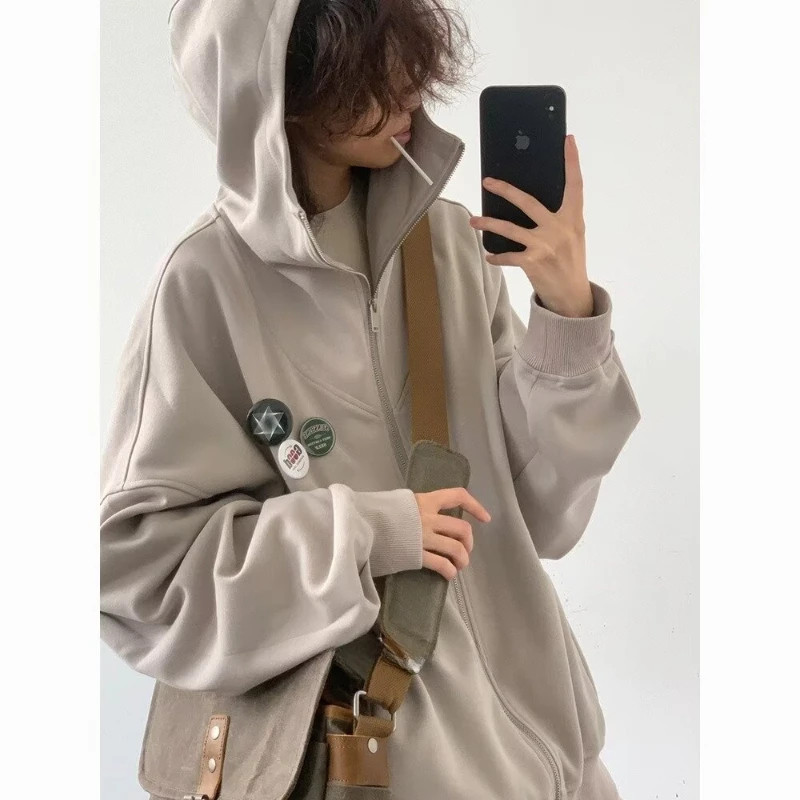 Autumn College Casual Set Men Japanese Harajuku Zipper Fleece Hoodie Jacket+Retro Wide Leg Pants 2-piece Street Fashion Suit 3