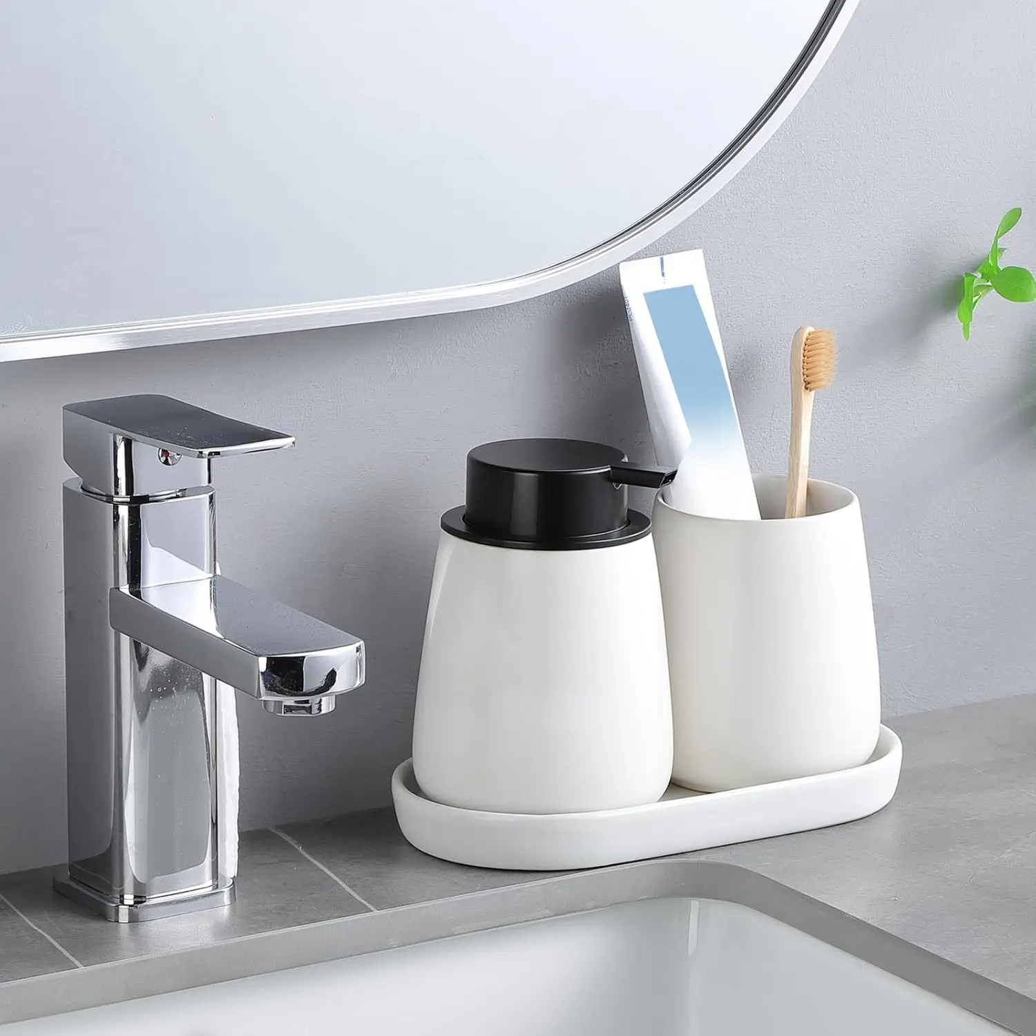 White circular soap dispenser tray -8-inch ceramic vanity tray, used for bathroom decoration, jewelry ring plate