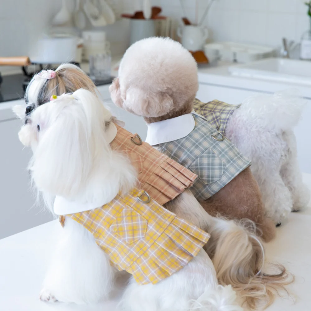 

Spring/Summer Checker Chest Strap Dog Skirt Tulip Bow Bichon Teddy Short Skirt Dog Harness and Leash Set Dog Accessories