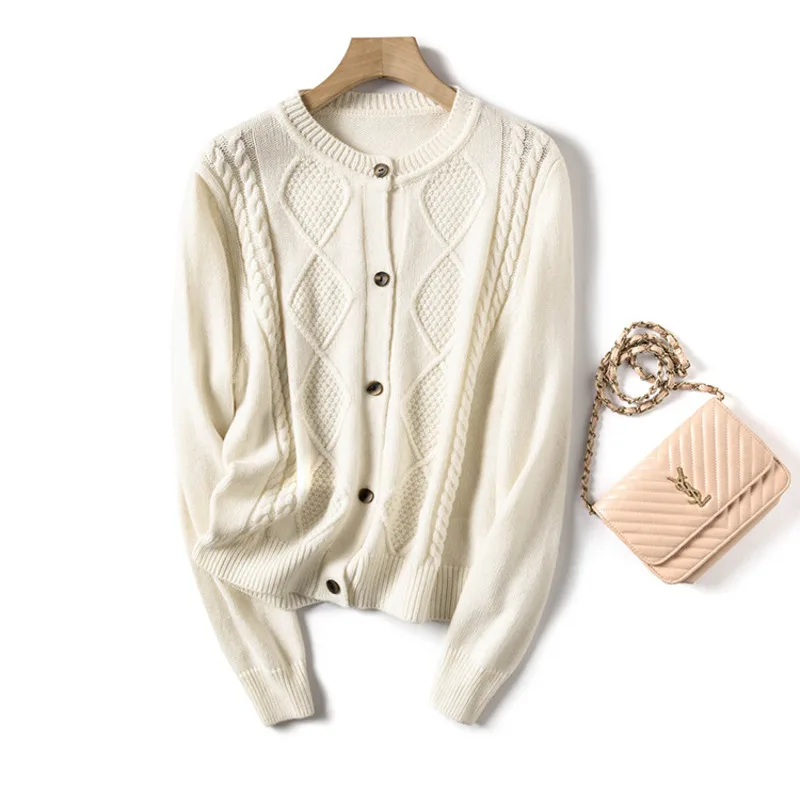 

Autumn Wool Blended Twist Knitted Cardigan Women Round Neck Single Breasted Long Sleeve Sweater Coat Tops